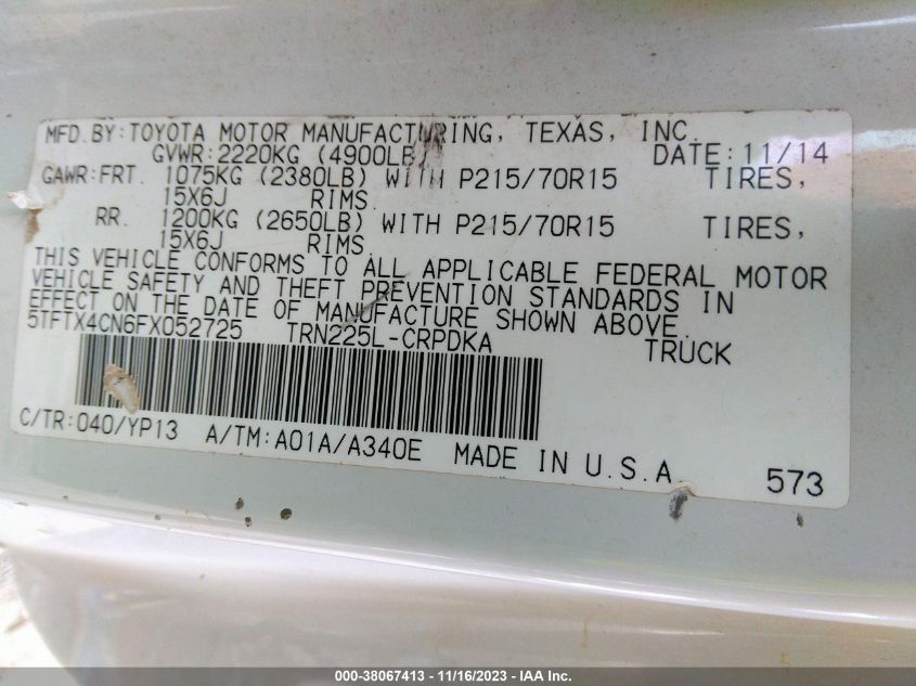 2015 TOYOTA TACOMA ACCESS CAB - 5TFTX4CN6FX052725