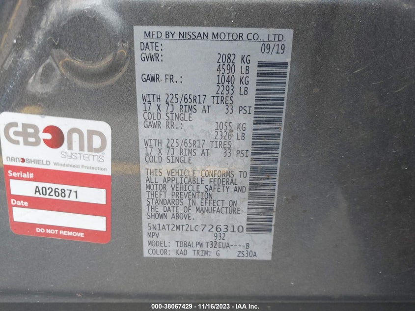 VIN 5N1AT2MT2LC726310 2020 NISSAN ROGUE S/SL/SV