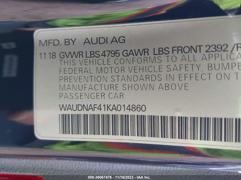 WAUDNAF41KA014860 2019 AUDI A4, photo no. 9