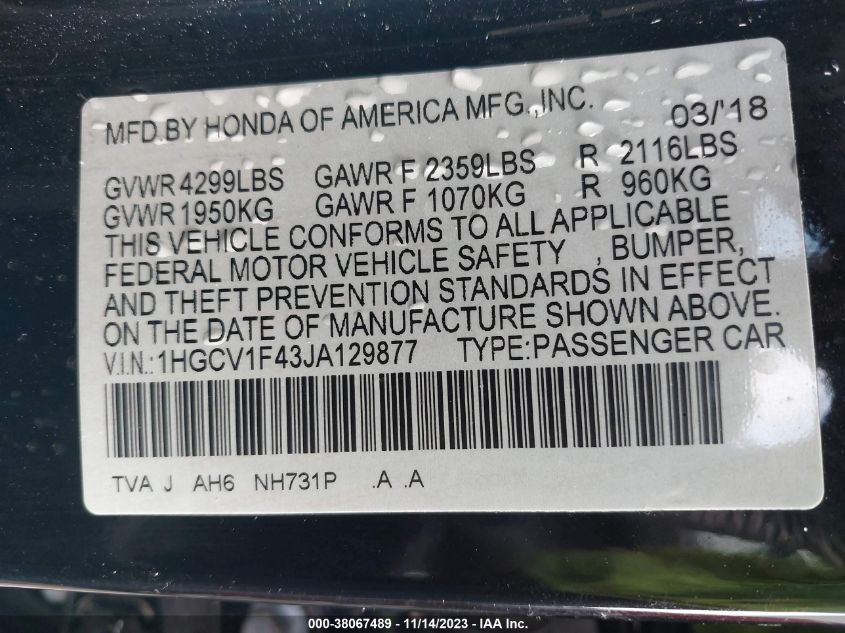 2018 HONDA ACCORD EX - 1HGCV1F43JA129877