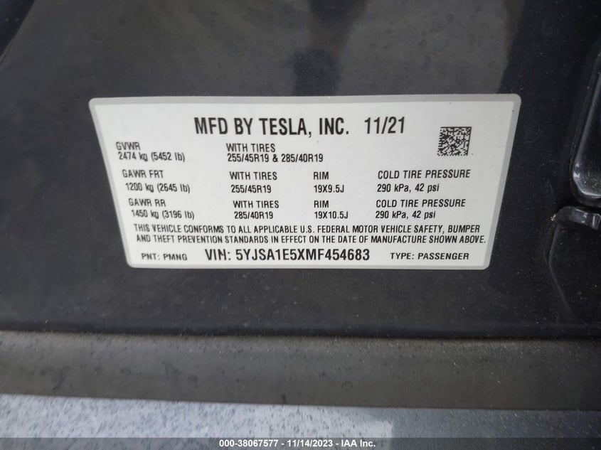 VIN 5YJSA1E5XMF454683 2021 TESLA MODEL S