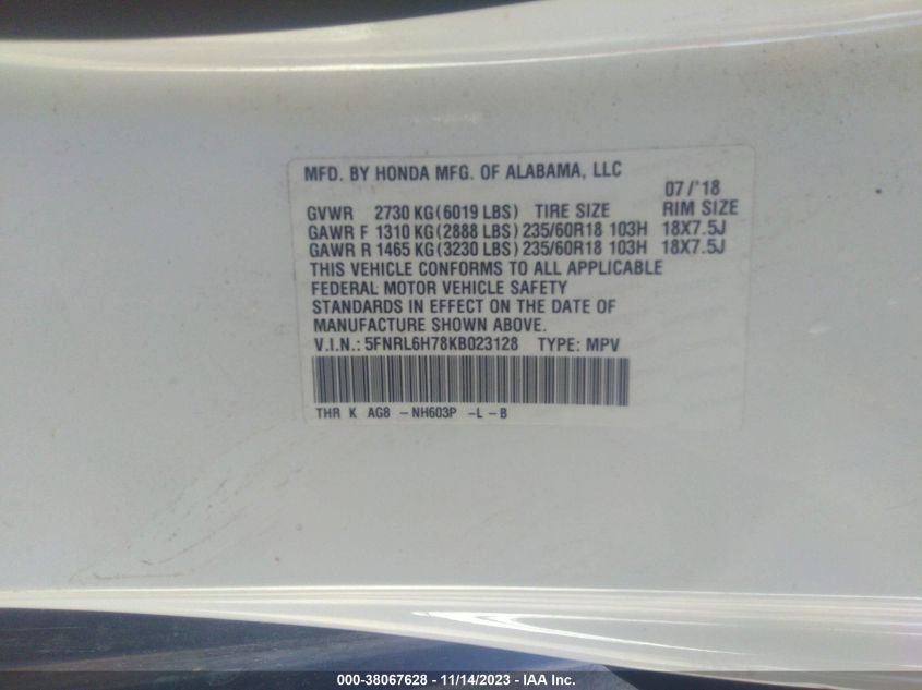 2019 HONDA ODYSSEY EX-L - 5FNRL6H78KB023128