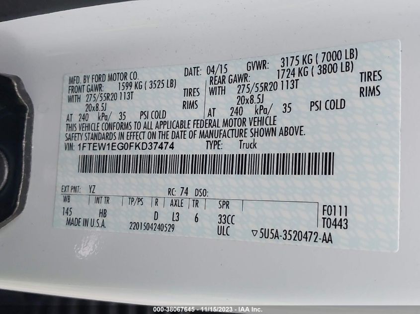 2015 FORD F-150 LARIAT - 1FTEW1EG0FKD37474