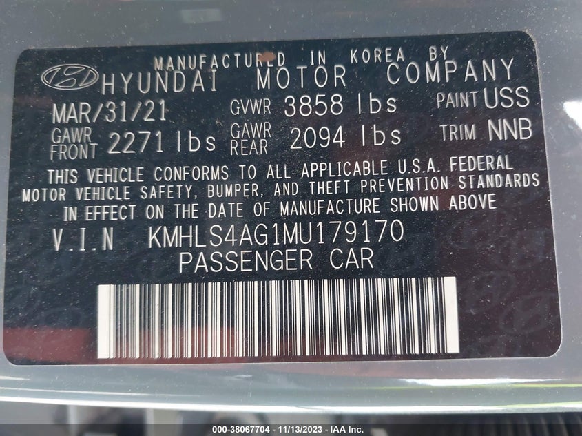 VIN KMHLS4AG1MU179170 2021 HYUNDAI ELANTRA SEL