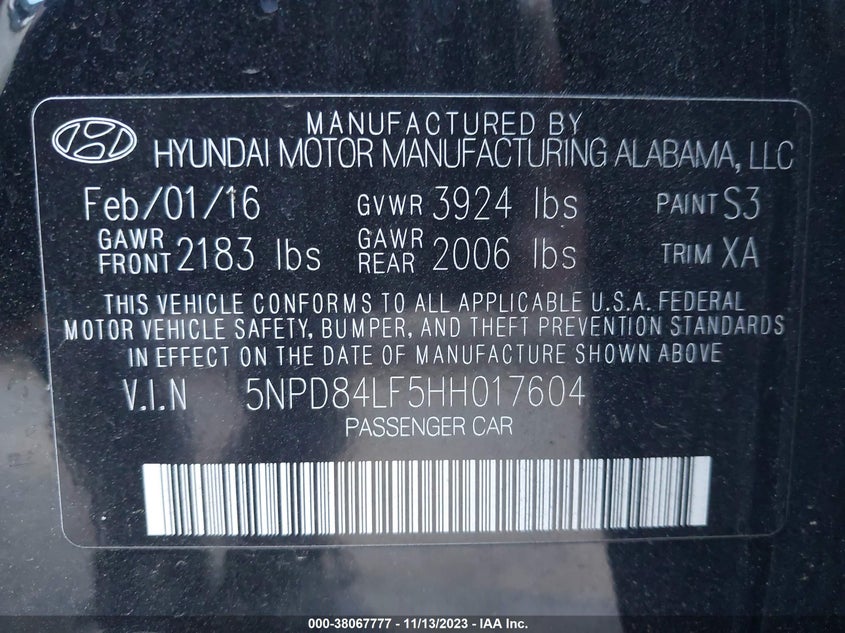 VIN 5NPD84LF5HH017604 2017 HYUNDAI ELANTRA SE