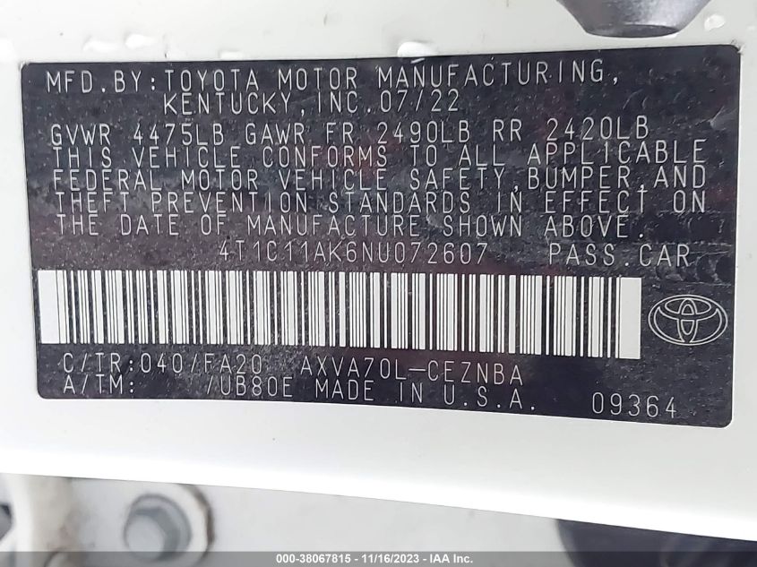 2022 TOYOTA CAMRY LE - 4T1C11AK6NU072607