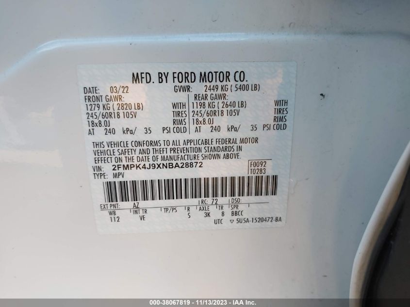 2FMPK4J9XNBA28872 2022 FORD EDGE, photo no. 9