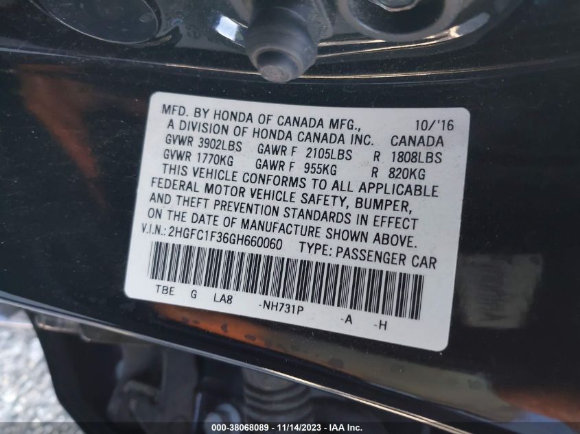2016 HONDA CIVIC EX-T - 2HGFC1F36GH660060