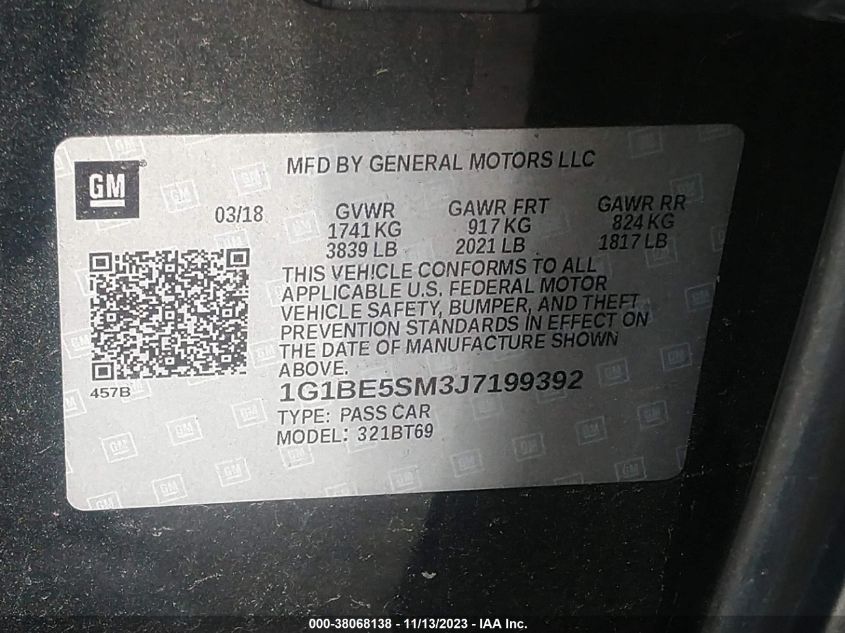 2018 CHEVROLET CRUZE LT - 1G1BE5SM3J7199392