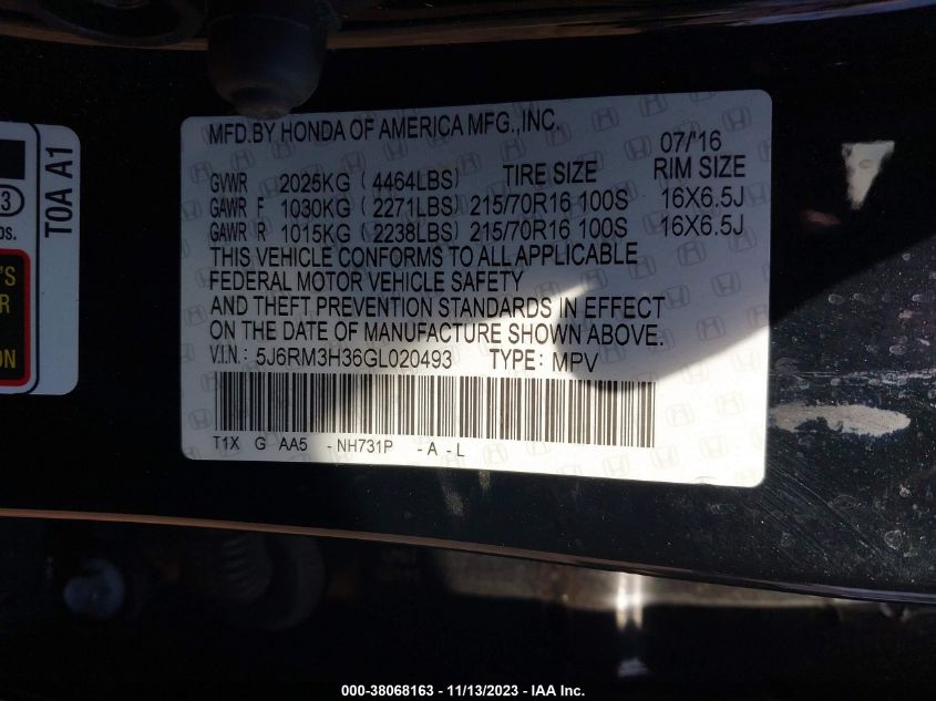 2016 HONDA CR-V LX - 5J6RM3H36GL020493