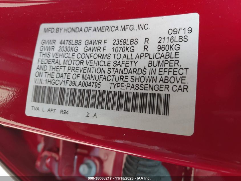 2020 HONDA ACCORD SPORT - 1HGCV1F39LA004795