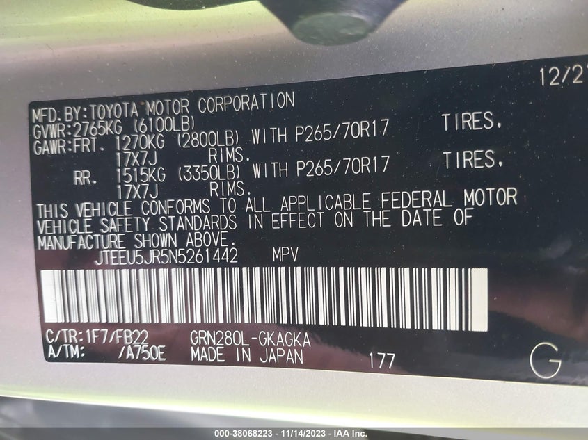 VIN JTEEU5JR5N5261442 2022 TOYOTA 4RUNNER SR5