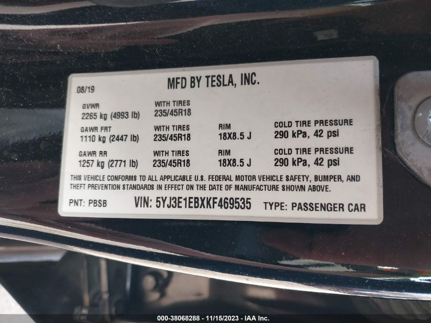 2019 TESLA MODEL 3 - 5YJ3E1EBXKF469535