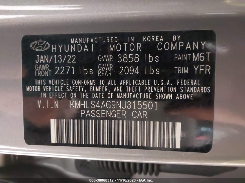 VIN KMHLS4AG9NU315501 2022 HYUNDAI ELANTRA SEL
