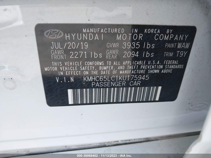 VIN KMHC65LC1KU175945 2019 HYUNDAI IONIQ HYBRID BLUE