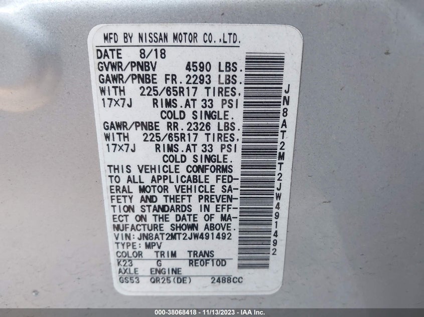 VIN JN8AT2MT2JW491492 2018 NISSAN ROGUE SV