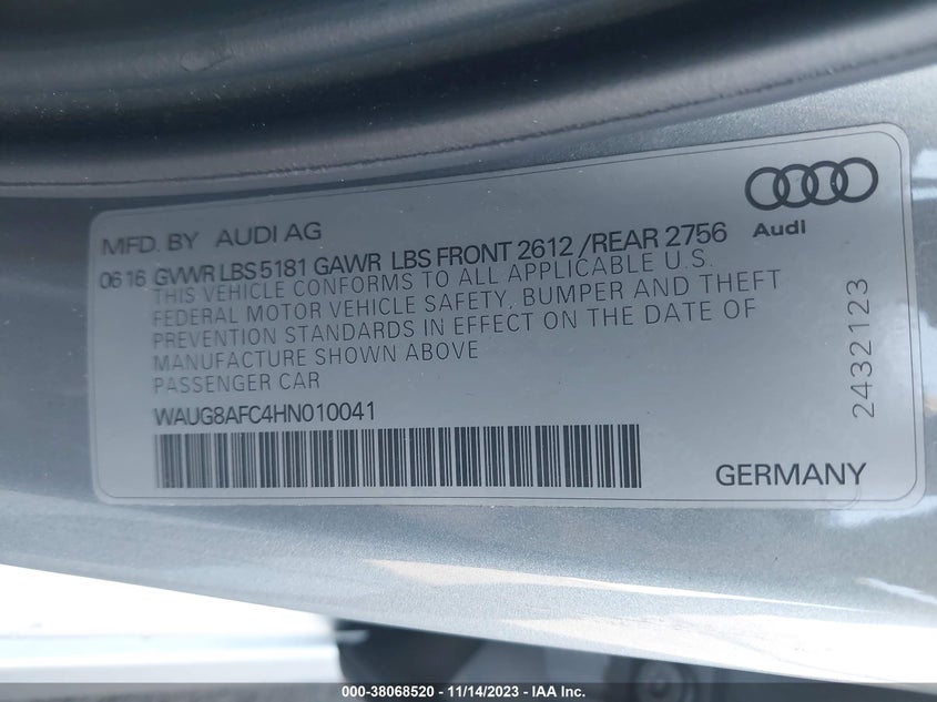 VIN WAUG8AFC4HN010041 2017 AUDI A6 2.0T PREMIUM