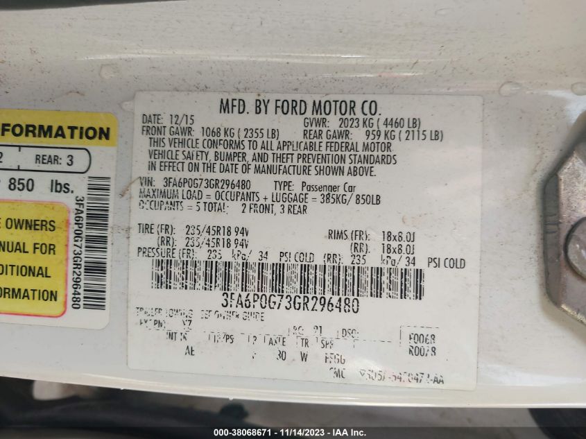 2016 FORD FUSION S - 3FA6P0G73GR296480