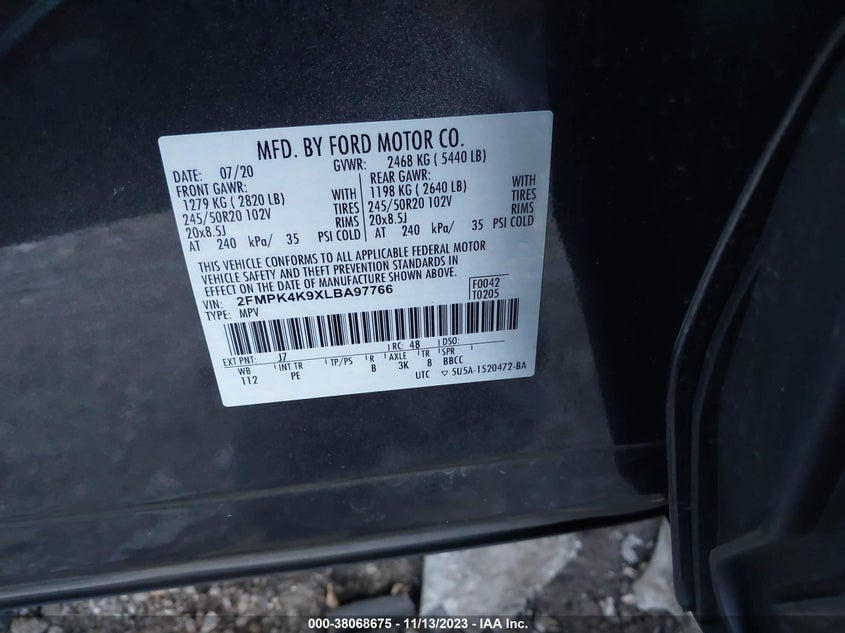 VIN 2FMPK4K9XLBA97766 2020 FORD EDGE TITANIUM