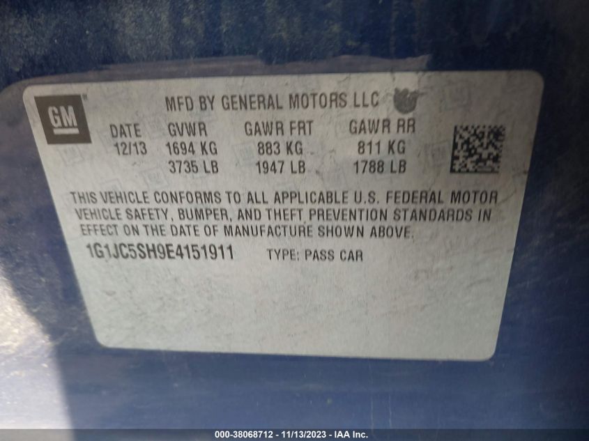 2014 CHEVROLET SONIC LT AUTO - 1G1JC5SH9E4151911