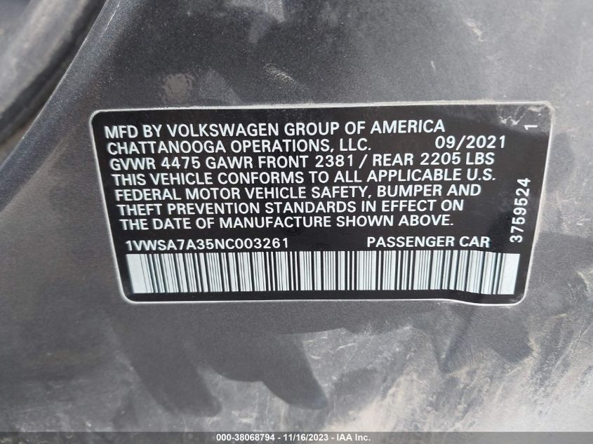 2022 VOLKSWAGEN PASSAT SE - 1VWSA7A35NC003261
