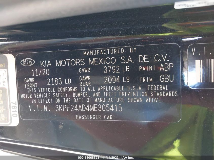 2021 KIA FORTE FE/LXS - 3KPF24AD4ME305415