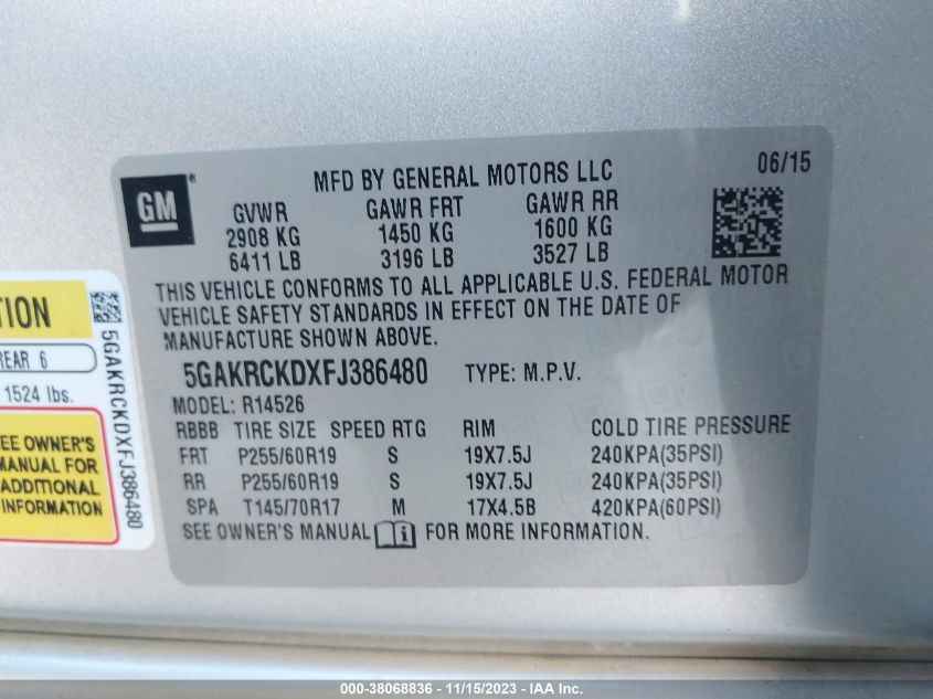 2015 BUICK ENCLAVE PREMIUM - 5GAKRCKDXFJ386480