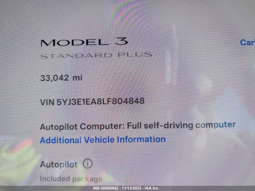 2020 TESLA MODEL 3 STANDARD RANGE PLUS - 5YJ3E1EA8LF804848