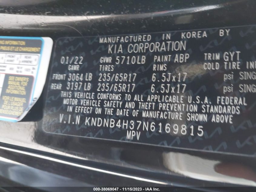 2022 KIA CARNIVAL MPV LX SEAT PACKAGE KNDNB4H37N6169815