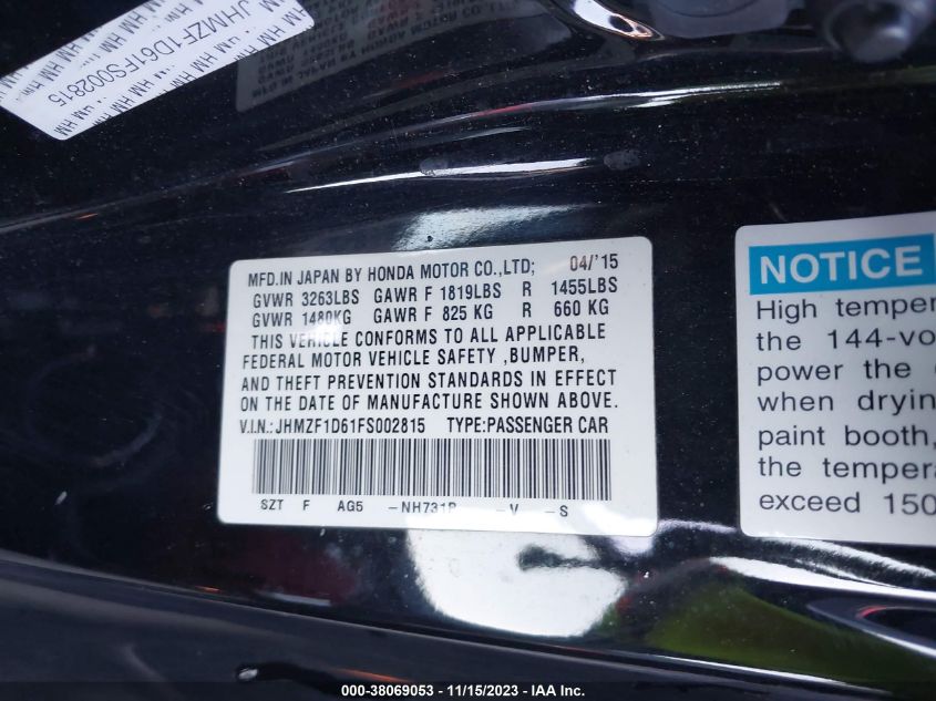 2015 HONDA CR-Z EX JHMZF1D61FS002815
