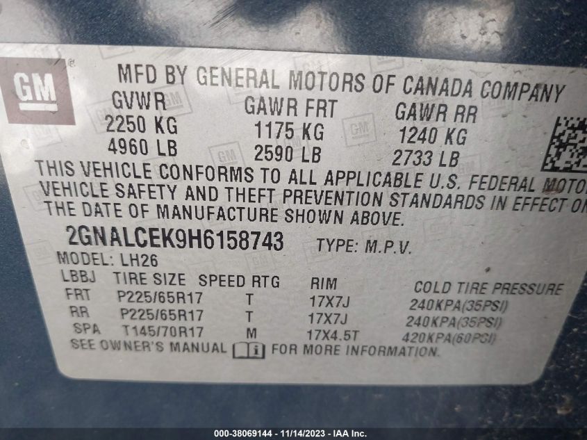 2017 CHEVROLET EQUINOX LT - 2GNALCEK9H6158743