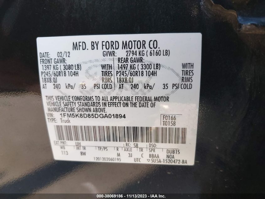 2013 FORD EXPLORER XLT - 1FM5K8D85DGA01894