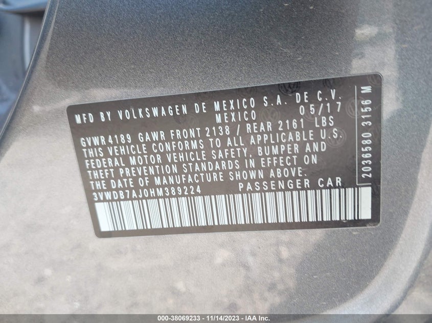 VIN 3VWDB7AJ0HM389224 2017 VOLKSWAGEN JETTA SE