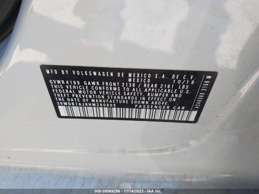 2017 VOLKSWAGEN JETTA SE - 3VWDB7AJ8HM260809