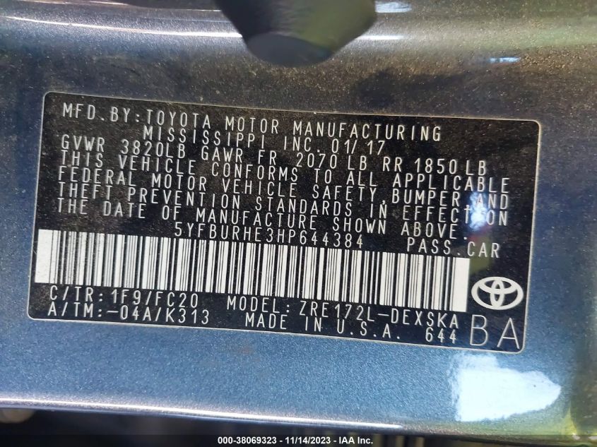 2017 TOYOTA COROLLA SE - 5YFBURHE3HP644384