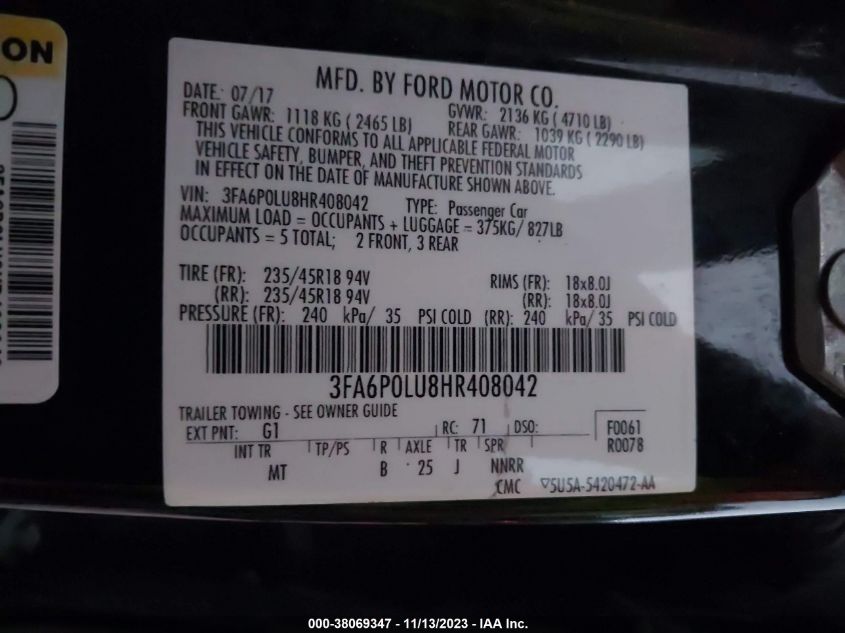 2017 FORD FUSION HYBRID SE - 3FA6P0LU8HR408042