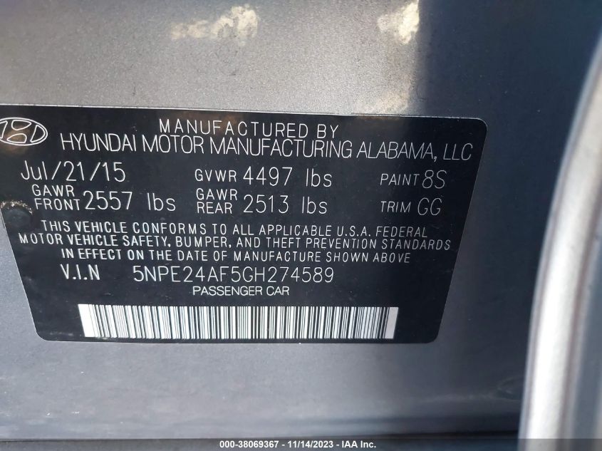 2016 HYUNDAI SONATA SE - 5NPE24AF5GH274589