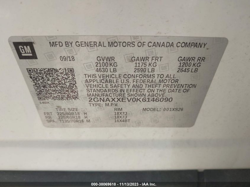 2019 CHEVROLET EQUINOX PREMIER - 2GNAXXEV0K6146090