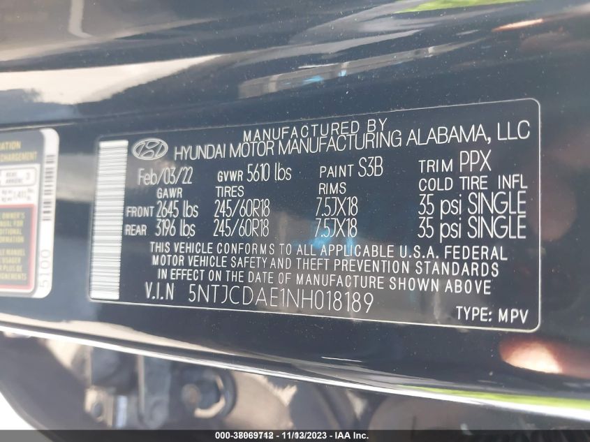 2022 HYUNDAI SANTA CRUZ SEL - 5NTJCDAE1NH018189
