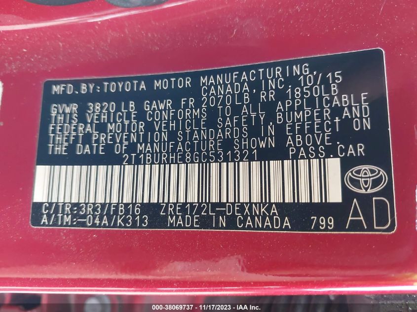 2016 TOYOTA COROLLA LE - 2T1BURHE8GC531321