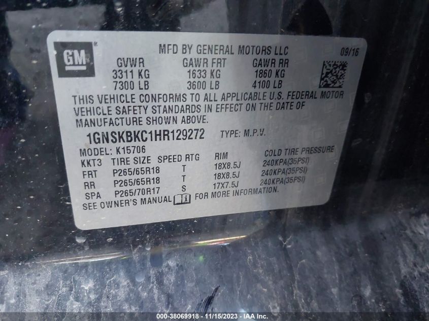 2017 CHEVROLET TAHOE K1500 LT - 1GNSKBKC1HR129272