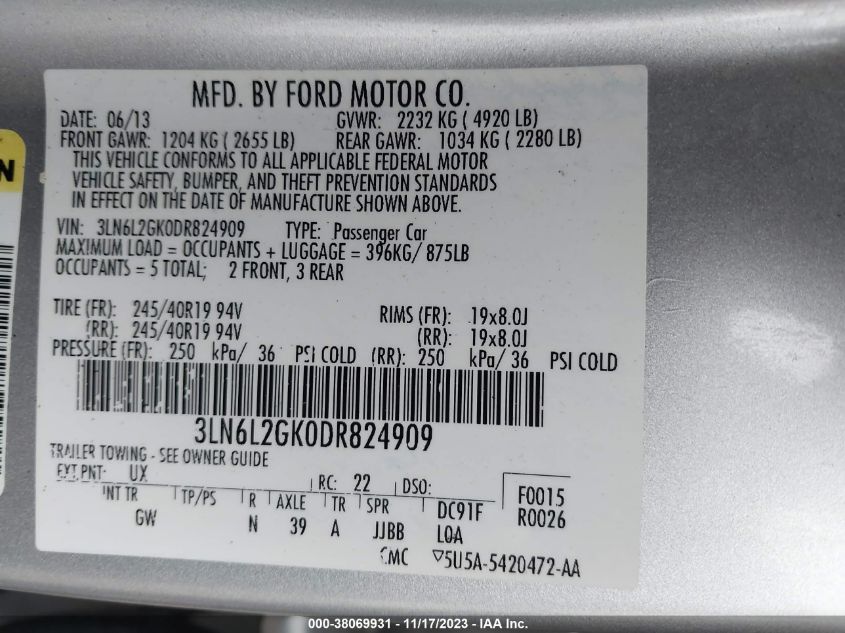 2013 LINCOLN MKZ - 3LN6L2GK0DR824909