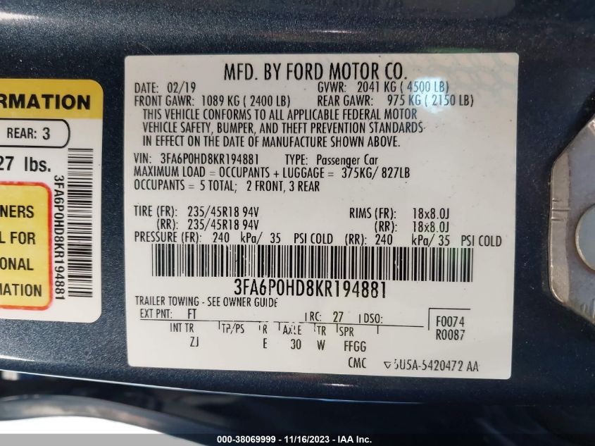 2019 FORD FUSION SE - 3FA6P0HD8KR194881