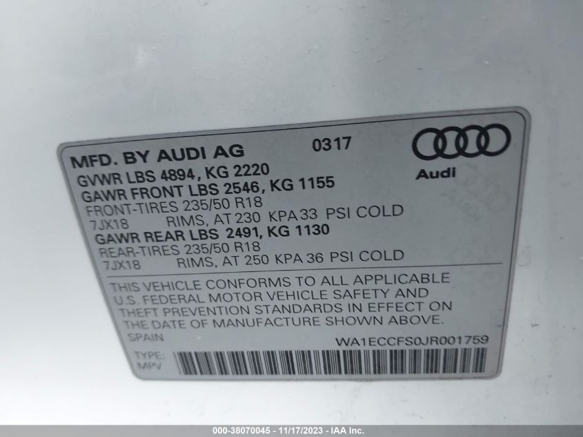 2018 AUDI Q3 2.0T PREMIUM - WA1ECCFS0JR001759