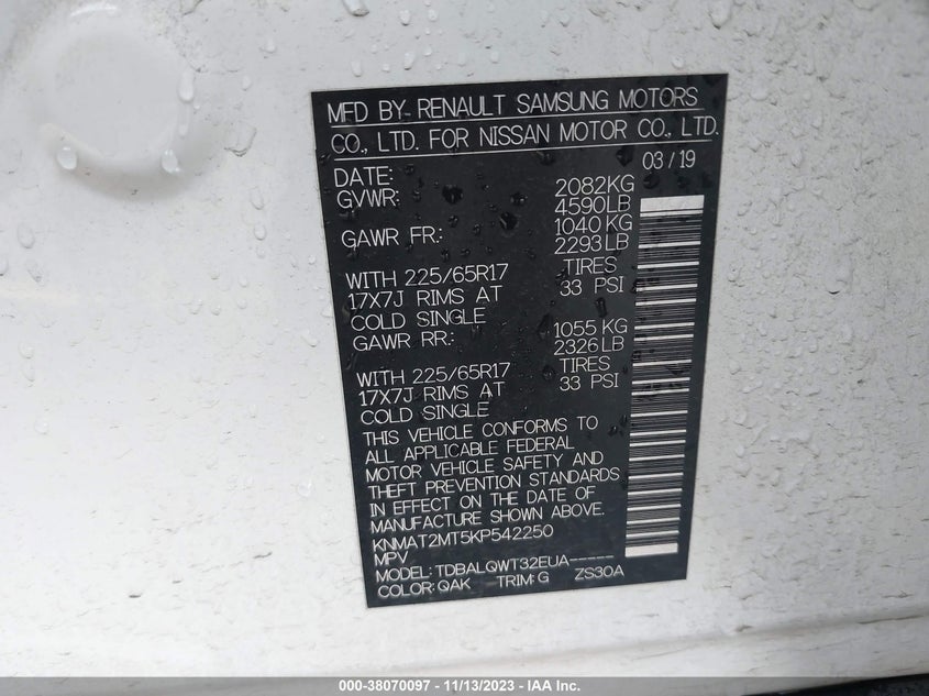 VIN KNMAT2MT5KP542250 2019 NISSAN ROGUE SV