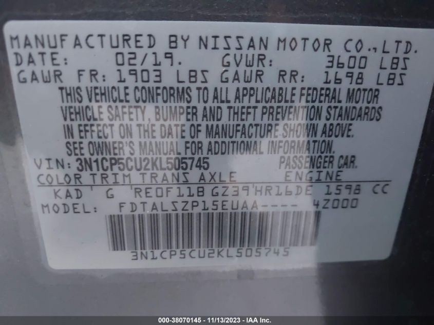 VIN 3N1CP5CU2KL505745 2019 NISSAN KICKS SV
