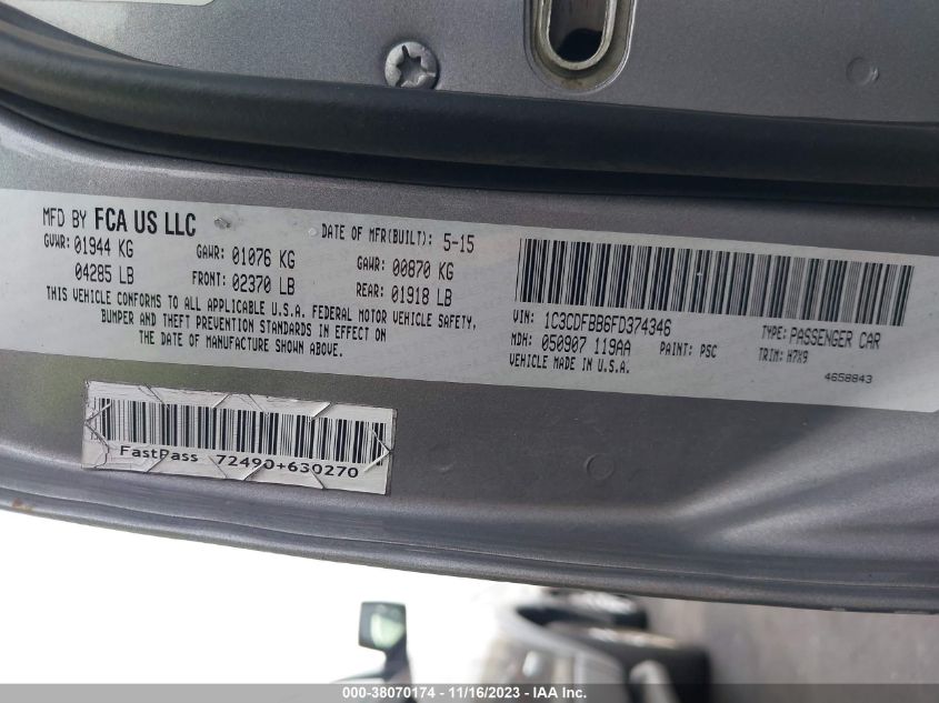 2015 DODGE DART SXT - 1C3CDFBB6FD374346