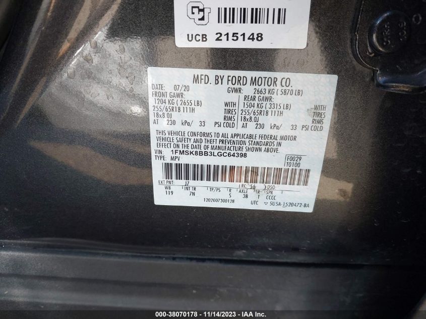 2020 FORD EXPLORER BASE - 1FMSK8BB3LGC64398