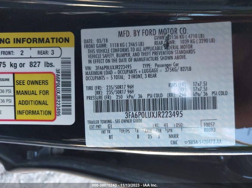 2018 FORD FUSION HYBRID SE - 3FA6P0LUXJR223495