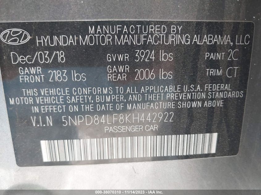 2019 HYUNDAI ELANTRA SEL/VALUE/LIMITED - 5NPD84LF8KH442922